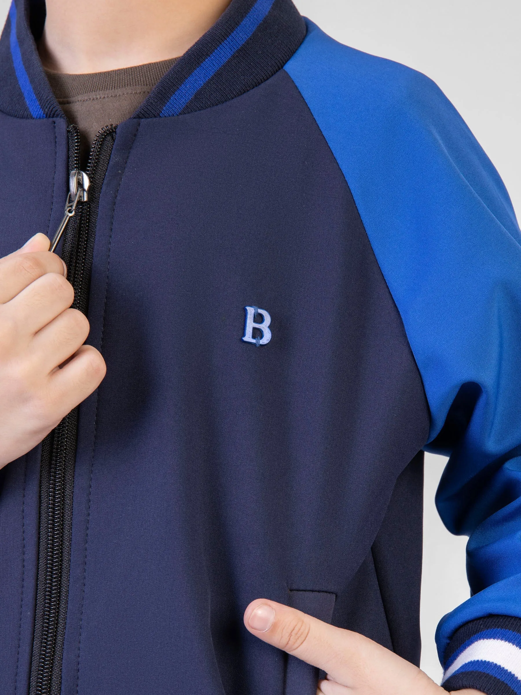 Blue Raglan Jacket With Contrasting Sleeves & Collar