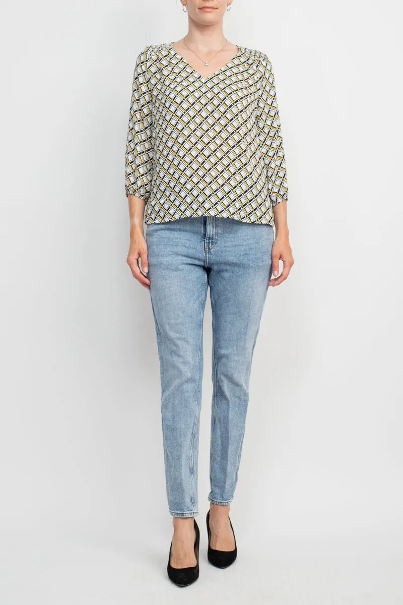 Counterparts V-Neck Elastic Shoulder Detail Elastic Cuff Multi Print Crepe Top