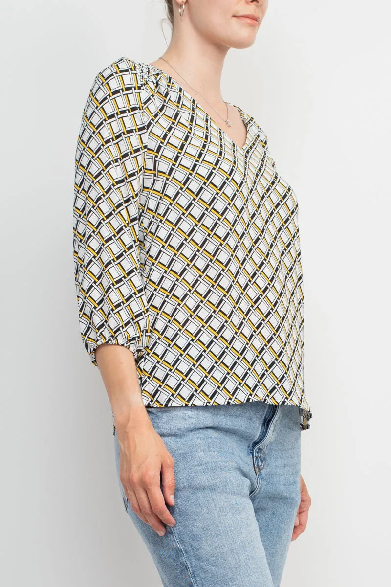 Counterparts V-Neck Elastic Shoulder Detail Elastic Cuff Multi Print Crepe Top