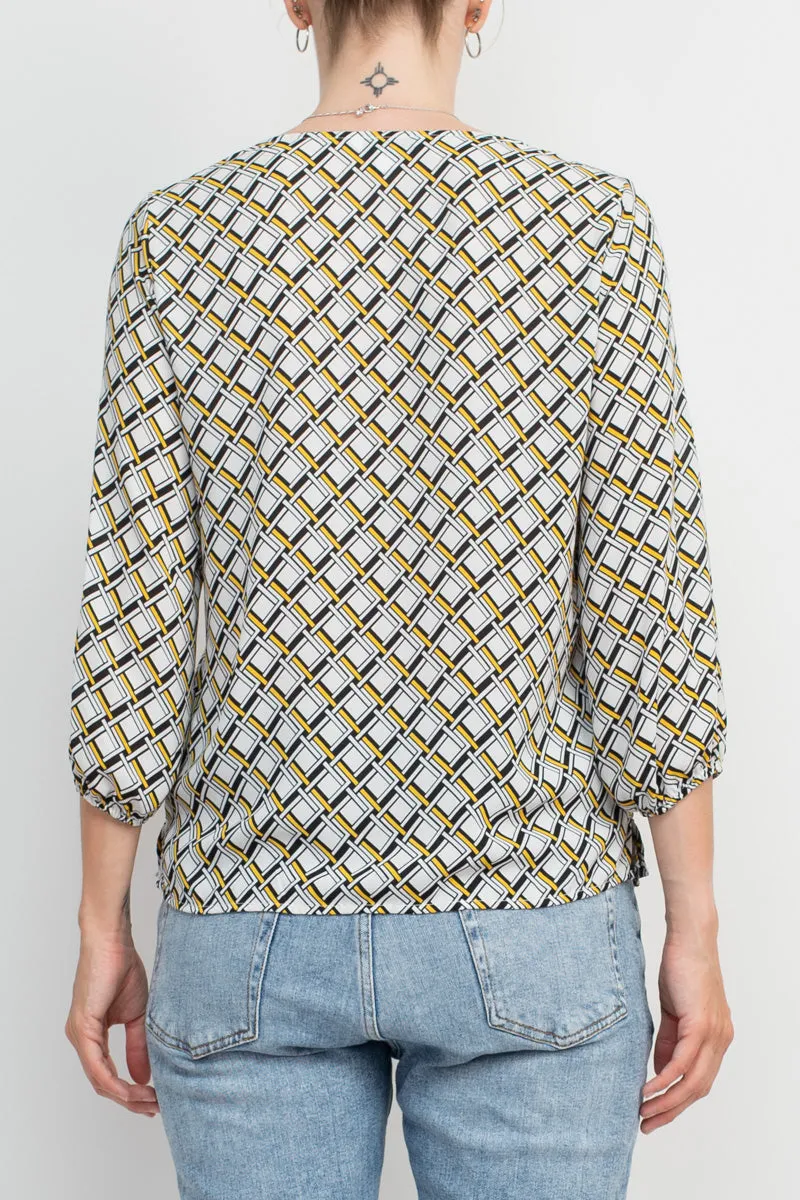 Counterparts V-Neck Elastic Shoulder Detail Elastic Cuff Multi Print Crepe Top