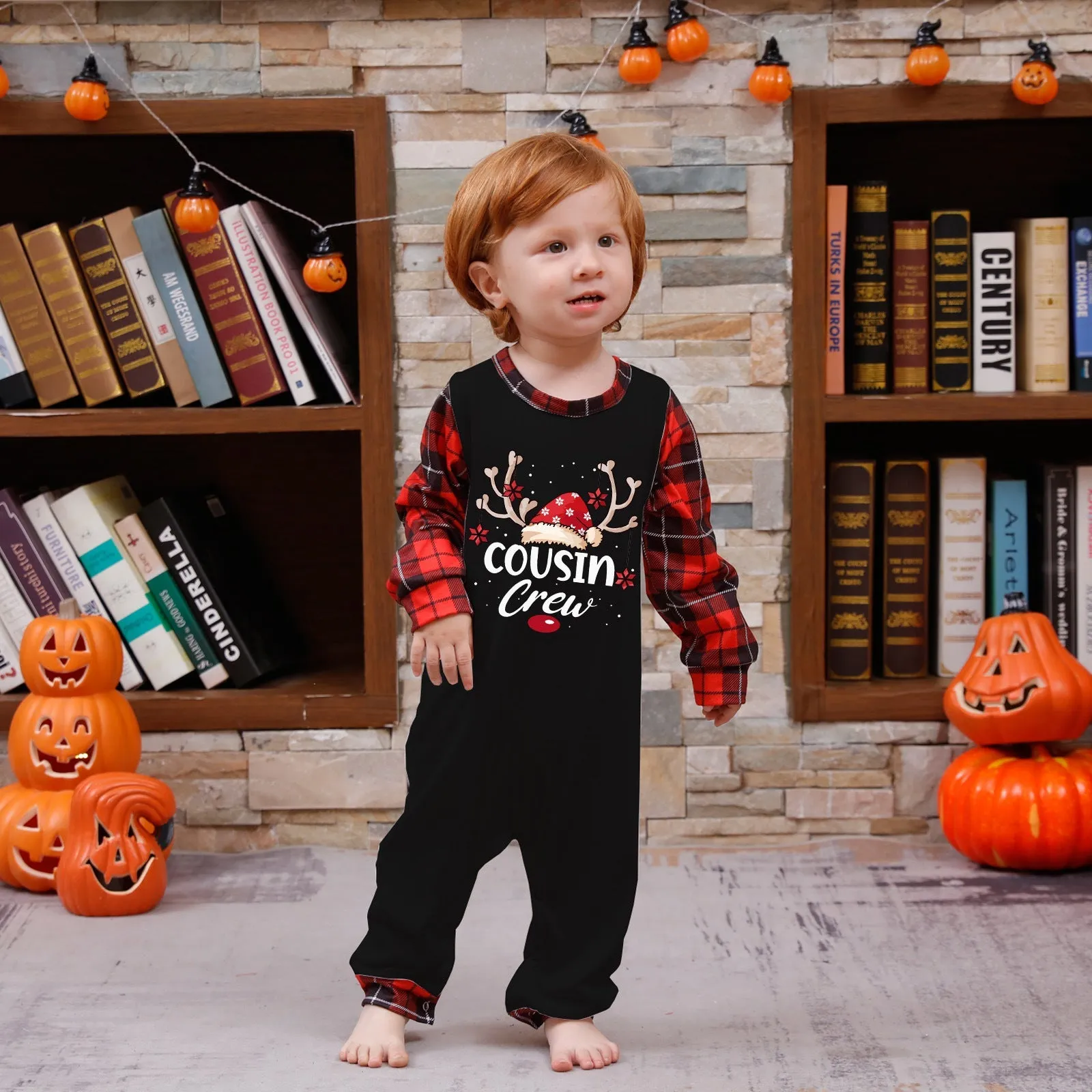 Cousin Crew parent-child black pajama set with Christmas hat print
