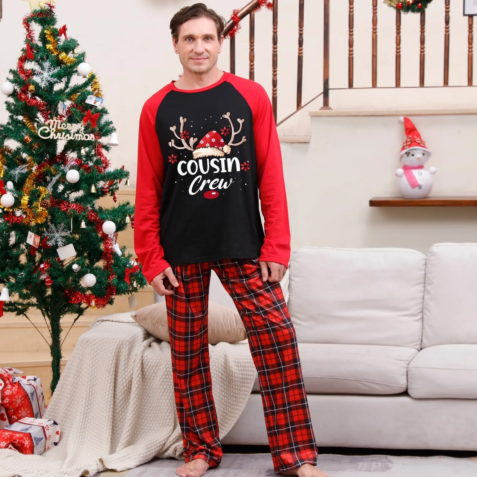Cousin Crew parent-child black pajama set with Christmas hat print