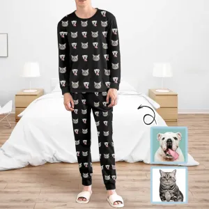Custom Pets Face Men's Long Sleeve Crewneck Pajamas Set Black Personalized Sleepwear Sets