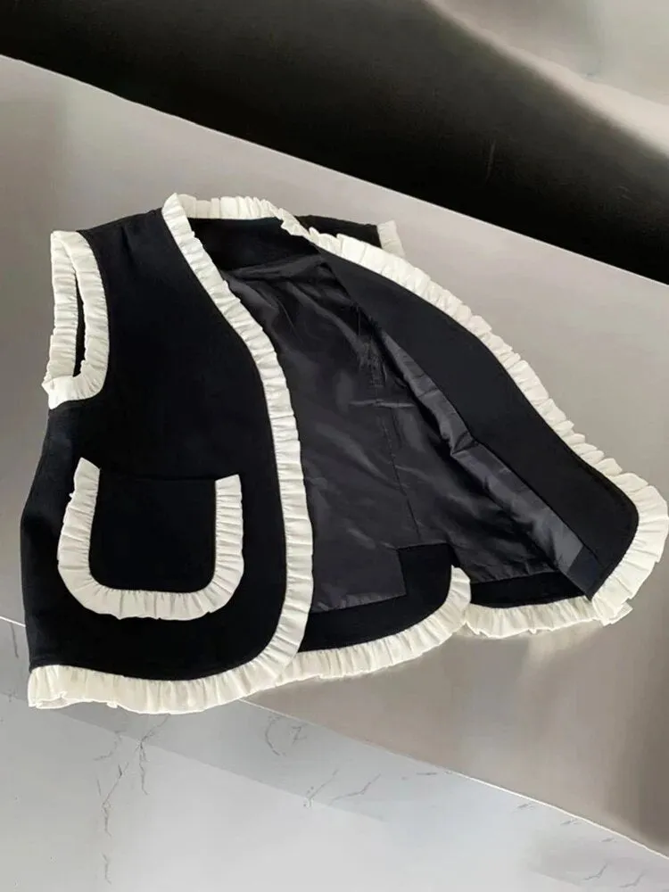 Frill Trim Vest Jacket For Women V Neck Sleeveless Patchwork Colorblock Vests Female Clothing Summer Style