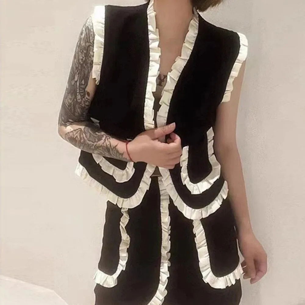 Frill Trim Vest Jacket For Women V Neck Sleeveless Patchwork Colorblock Vests Female Clothing Summer Style