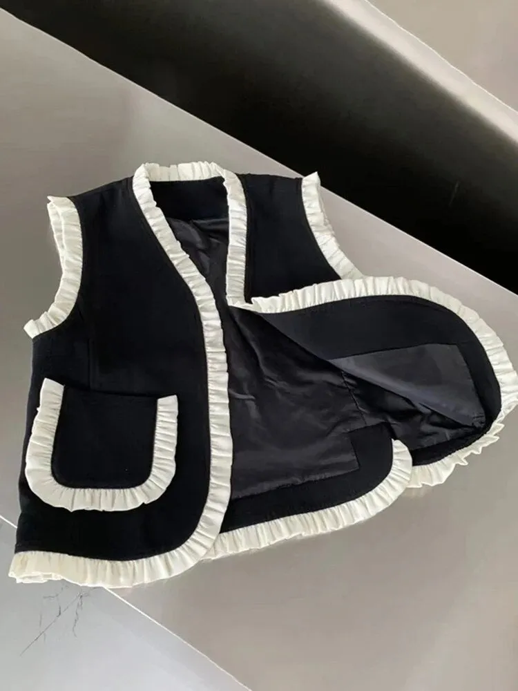 Frill Trim Vest Jacket For Women V Neck Sleeveless Patchwork Colorblock Vests Female Clothing Summer Style