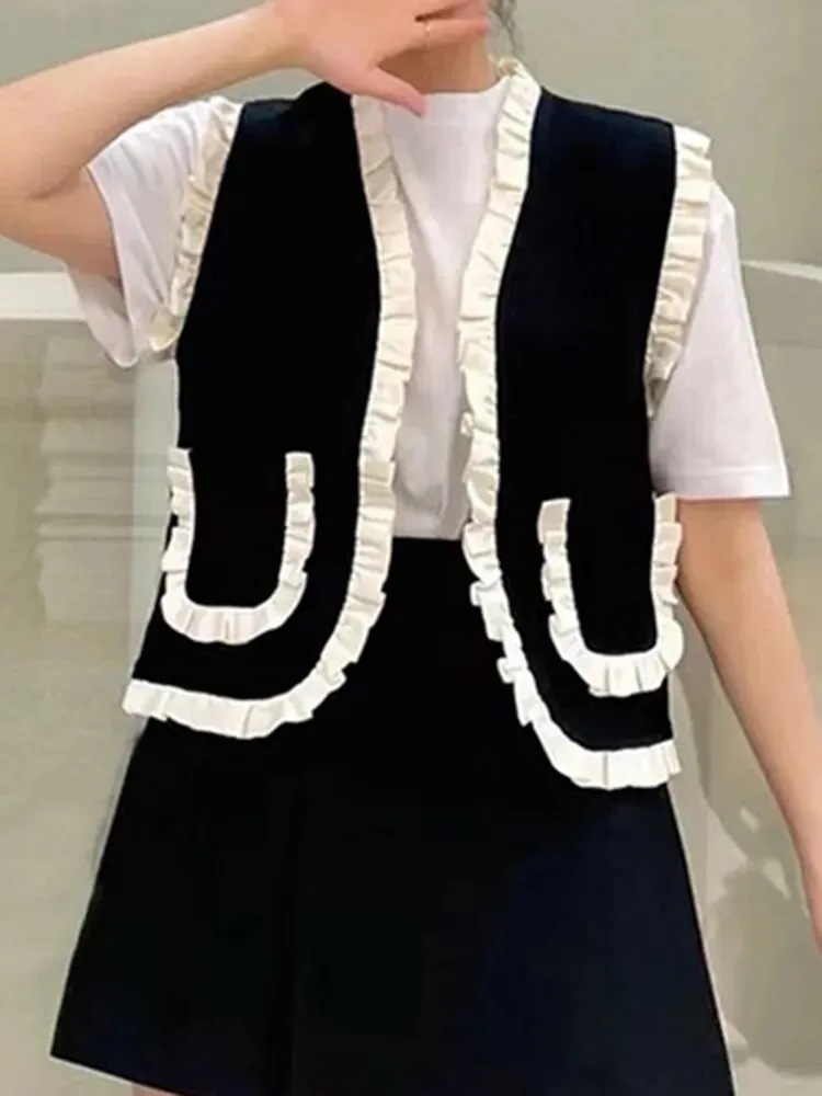 Frill Trim Vest Jacket For Women V Neck Sleeveless Patchwork Colorblock Vests Female Clothing Summer Style