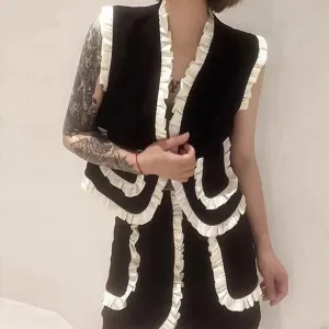 Frill Trim Vest Jacket For Women V Neck Sleeveless Patchwork Colorblock Vests Female Clothing Summer Style