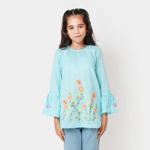 Girls Chicken Embroidered Top Butterfly Garden - Blue
