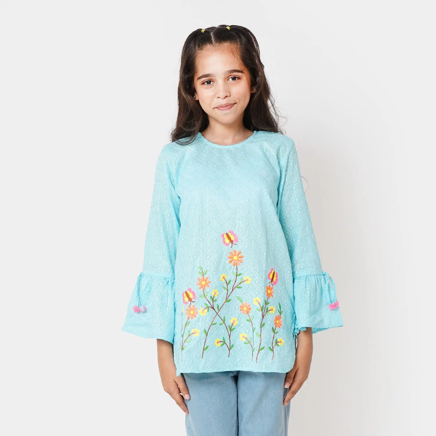 Girls Chicken Embroidered Top Butterfly Garden - Blue