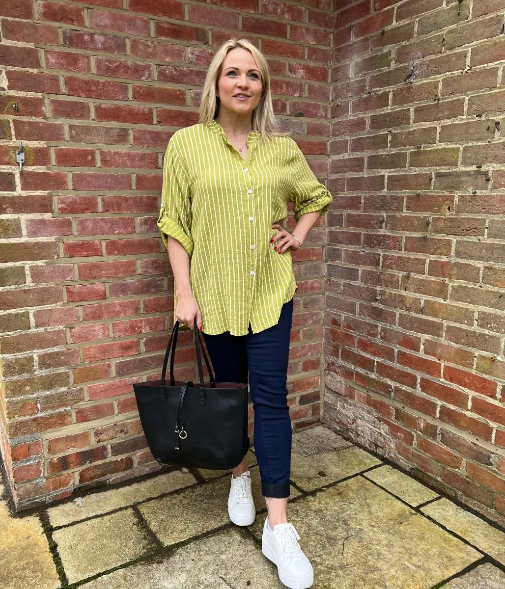 Green Cotton Striped Grandad Collar Shirt