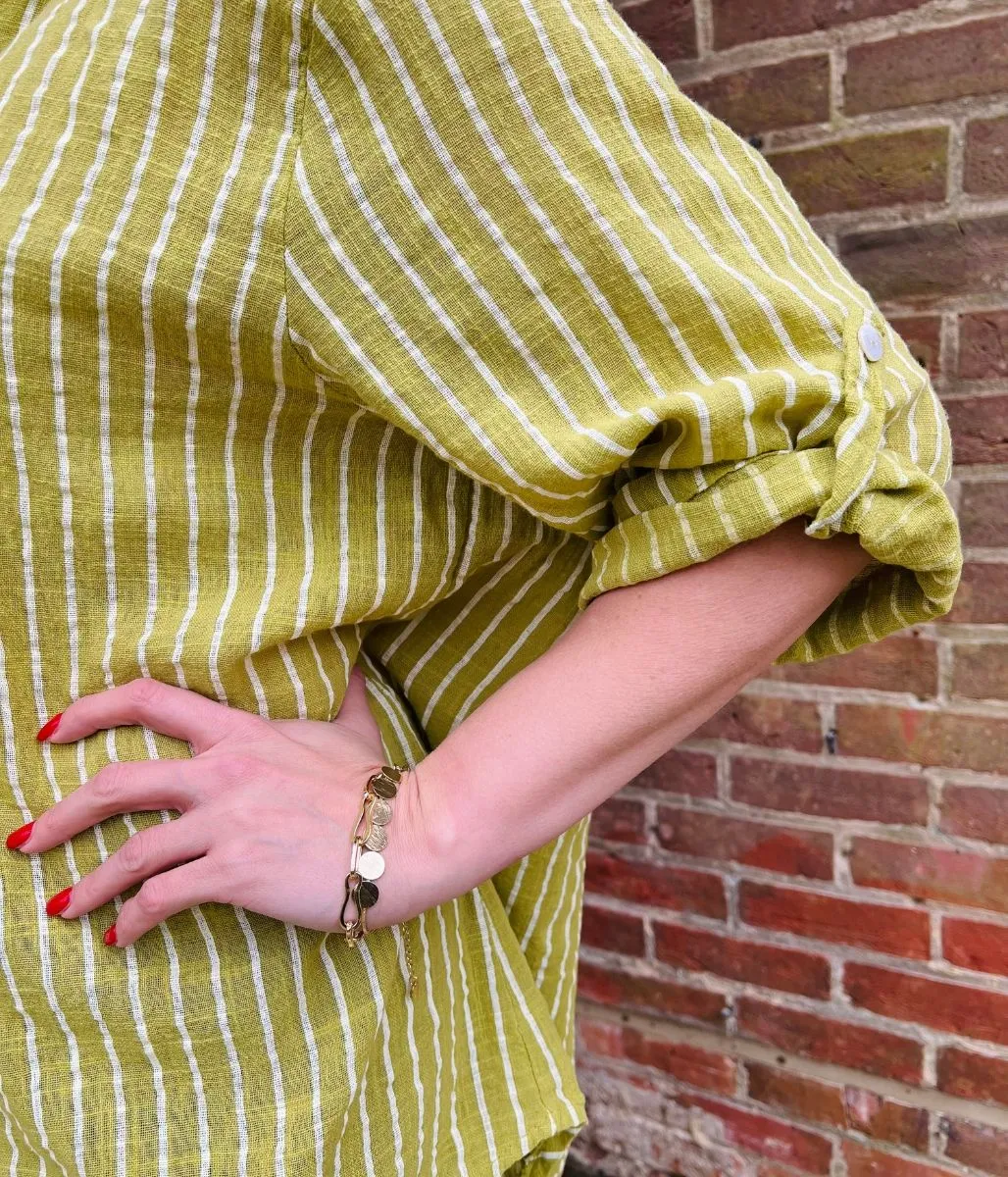 Green Cotton Striped Grandad Collar Shirt