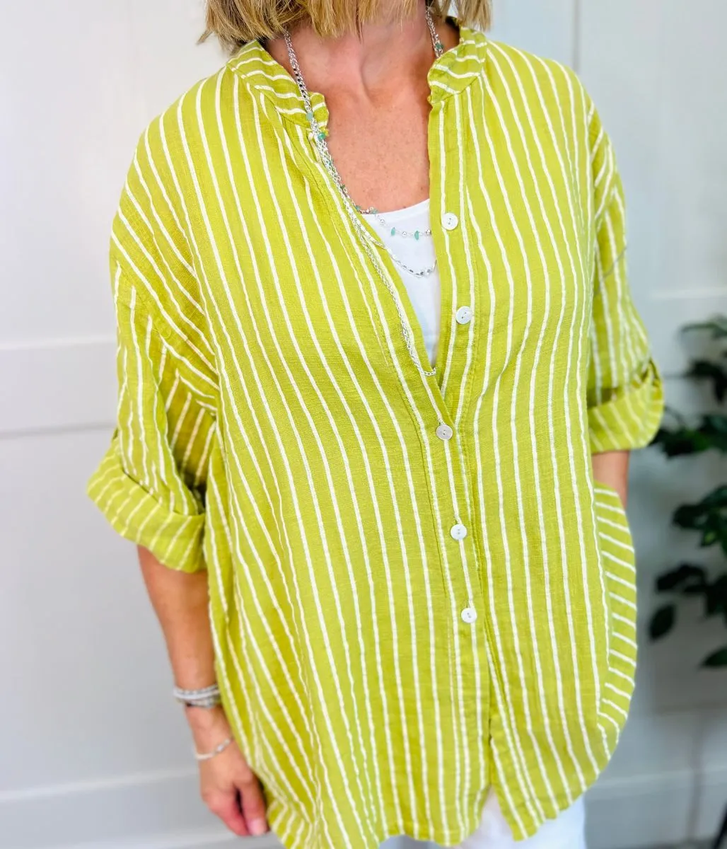 Green Cotton Striped Grandad Collar Shirt