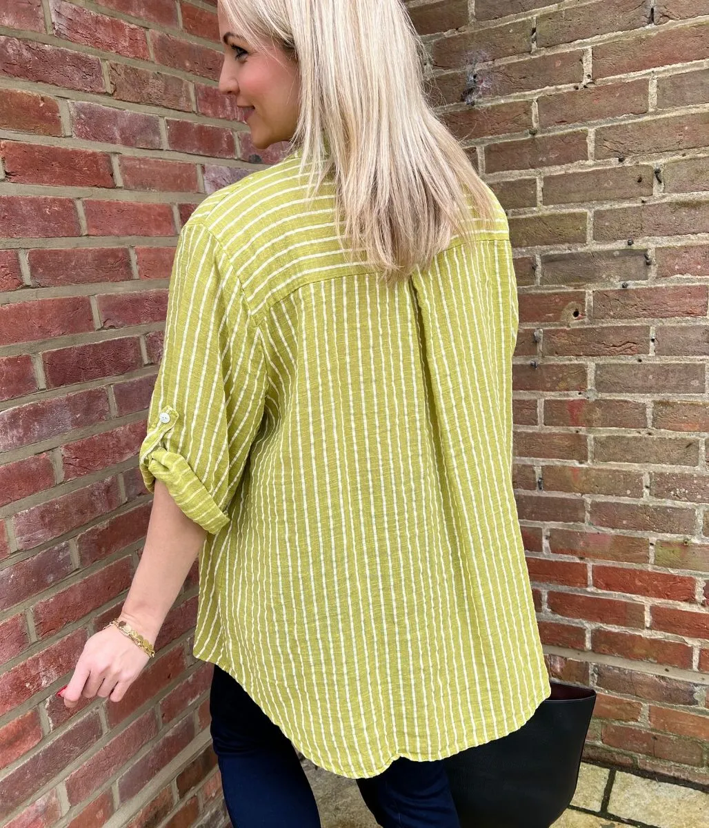 Green Cotton Striped Grandad Collar Shirt