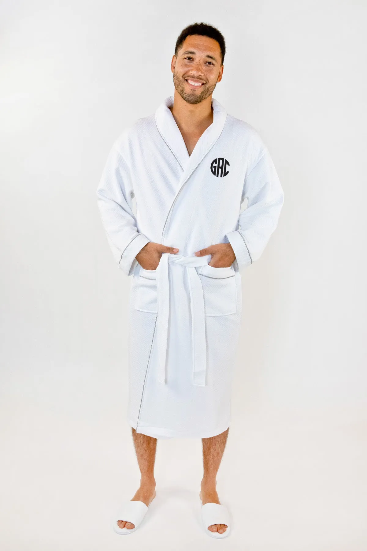 His Hers Grid Style Embroidered Bath Robe White