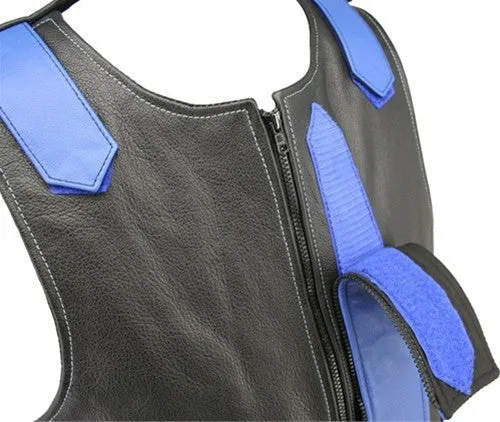 Made in USA Bulletproof Style Leather Motorcycle Vest Black/Blue