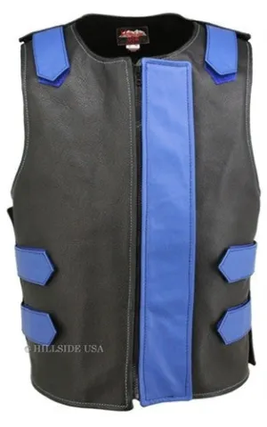Made in USA Bulletproof Style Leather Motorcycle Vest Black/Blue