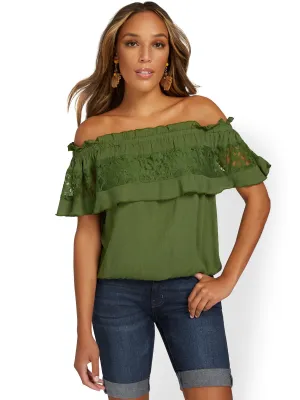 Off-The-Shoulder Crochet-Inset Top
