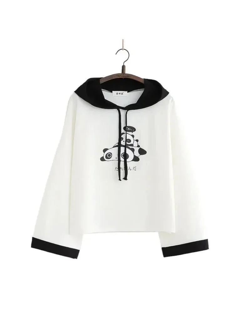 Panda Print Cute Cotton Hooded Sweatshirts For Women Long Sleeve Drawstring Hoodies Sweet Style Tops 2021 Summer Kawaii Clothes