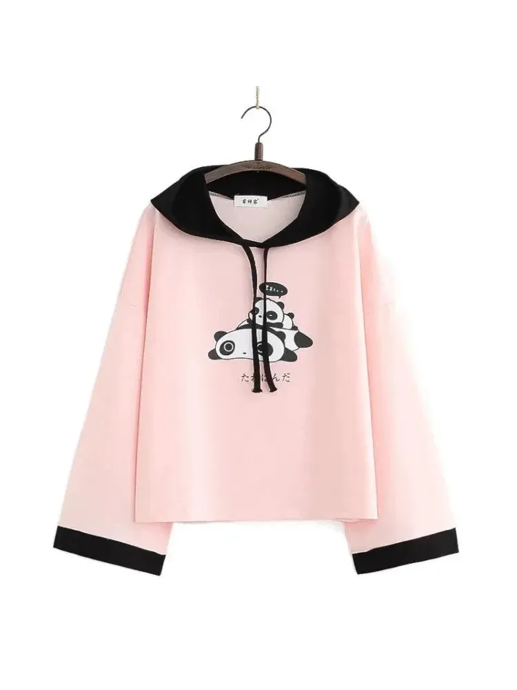 Panda Print Cute Cotton Hooded Sweatshirts For Women Long Sleeve Drawstring Hoodies Sweet Style Tops 2021 Summer Kawaii Clothes