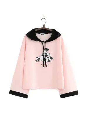 Panda Print Cute Cotton Hooded Sweatshirts For Women Long Sleeve Drawstring Hoodies Sweet Style Tops 2021 Summer Kawaii Clothes
