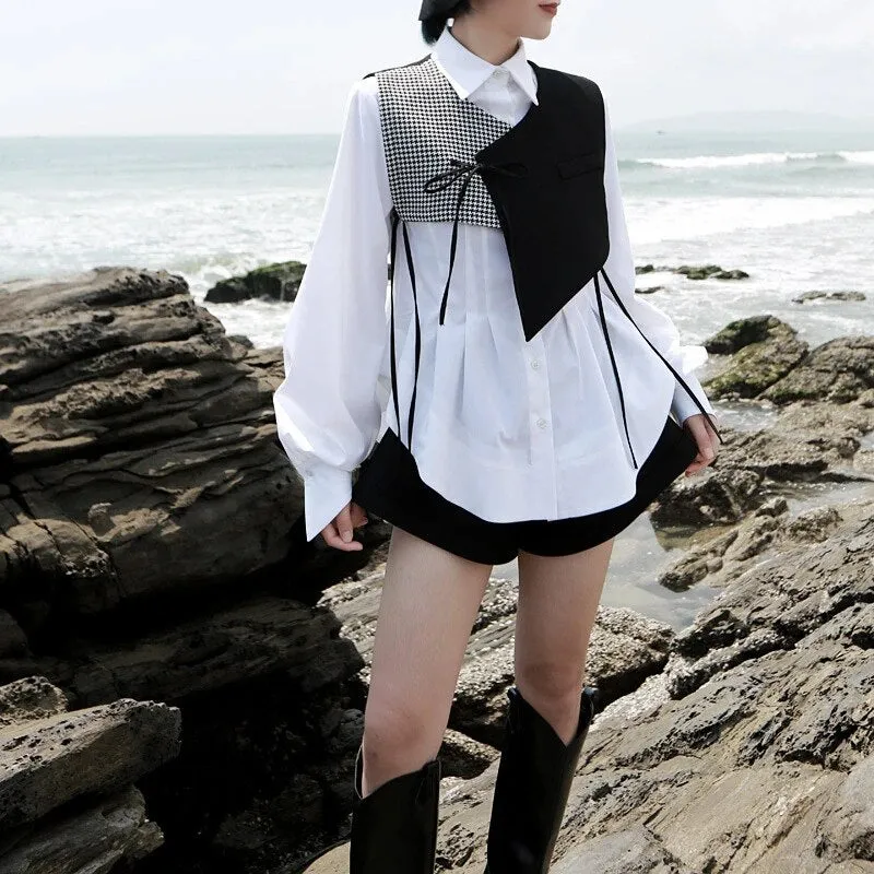 Patchwork Striped Hit Color Women's Vest V Neck Sleeveless Lace Up Irregular Autumn Vests Female Fashion Tide