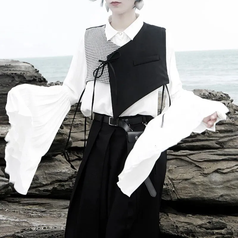 Patchwork Striped Hit Color Women's Vest V Neck Sleeveless Lace Up Irregular Autumn Vests Female Fashion Tide