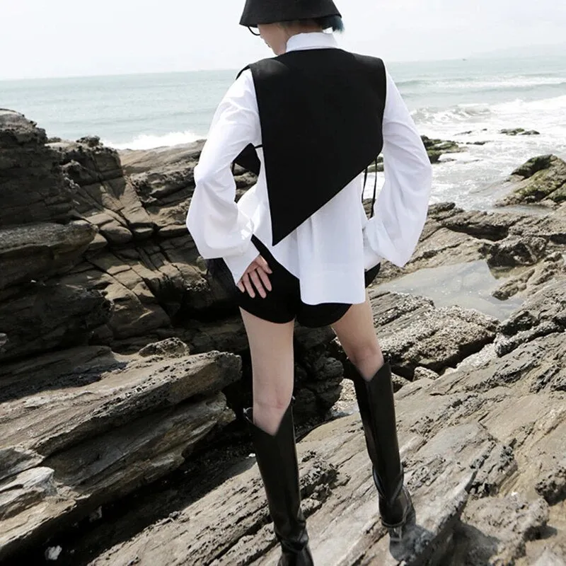 Patchwork Striped Hit Color Women's Vest V Neck Sleeveless Lace Up Irregular Autumn Vests Female Fashion Tide