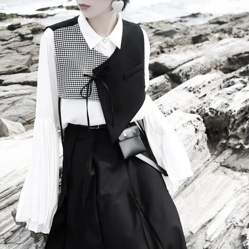 Patchwork Striped Hit Color Women's Vest V Neck Sleeveless Lace Up Irregular Autumn Vests Female Fashion Tide
