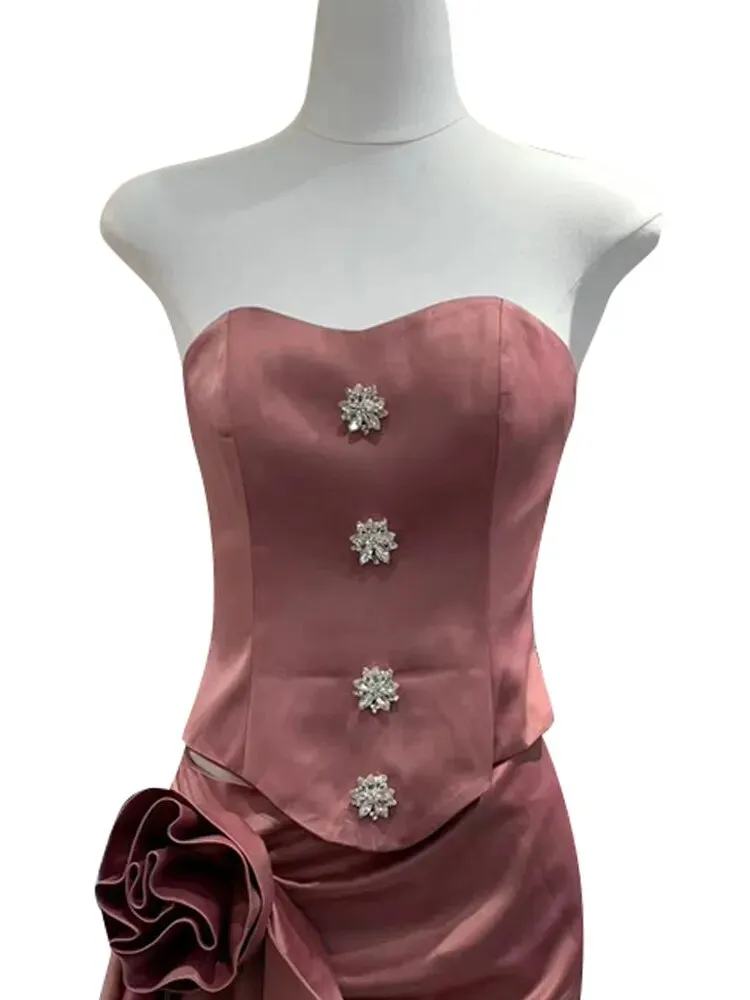 Satin Pink Slim Tank Tops For Women Slash Neck Sleeveless Backless Patchwork Diamonds Sweet Vests Female Style