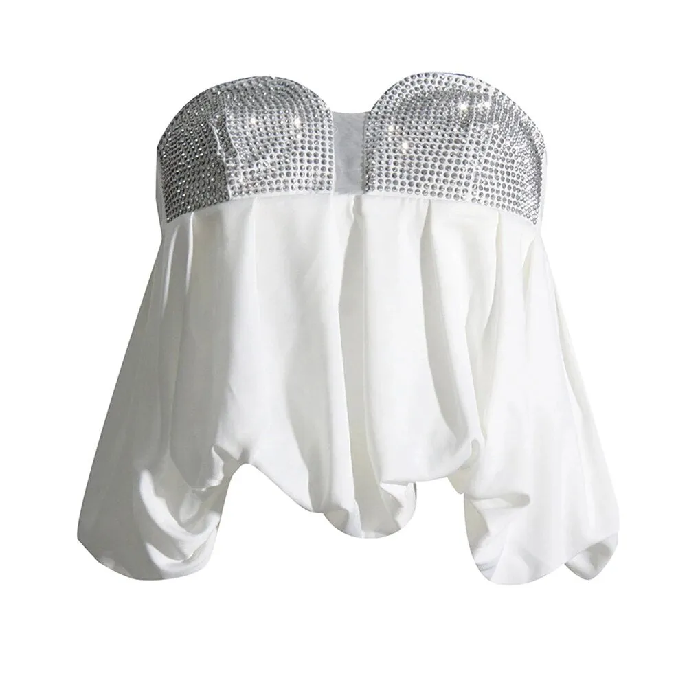 Sexy Patchwork Diamond Vest For Women Slash Neck Sleeveless Ruched Vests Female Summer Clothing Fashion Style