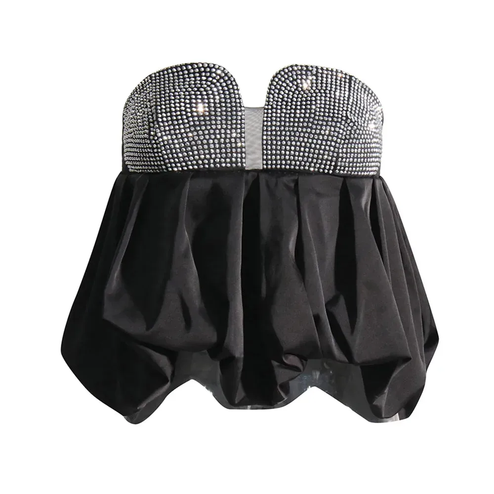 Sexy Patchwork Diamond Vest For Women Slash Neck Sleeveless Ruched Vests Female Summer Clothing Fashion Style