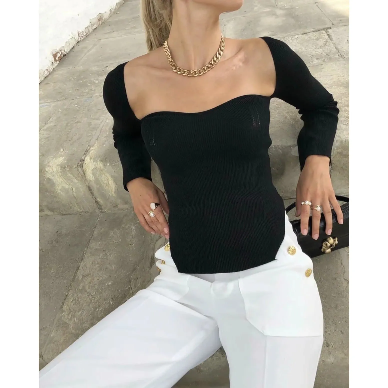 Square Neck Side Split Rib Knit Jumper