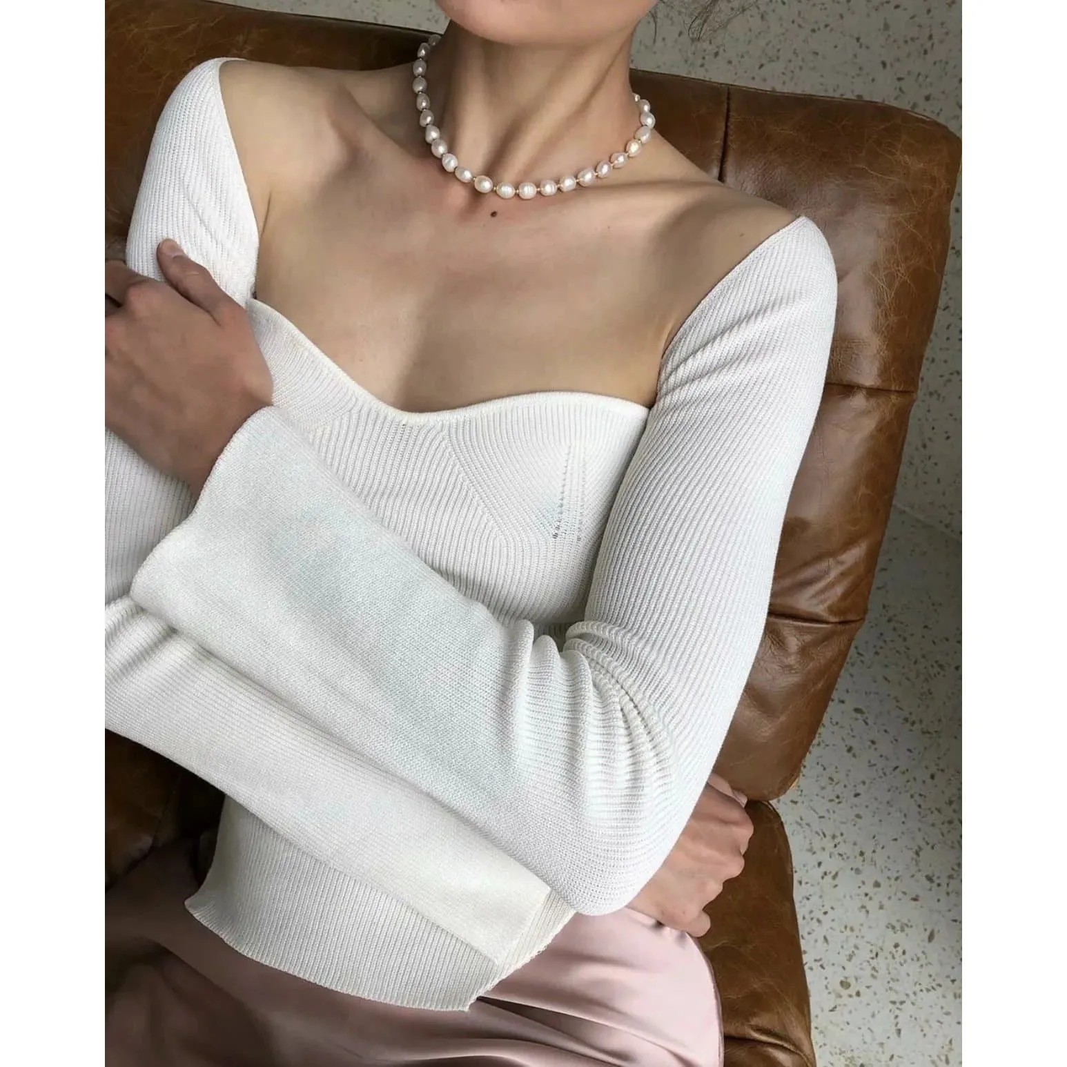 Square Neck Side Split Rib Knit Jumper