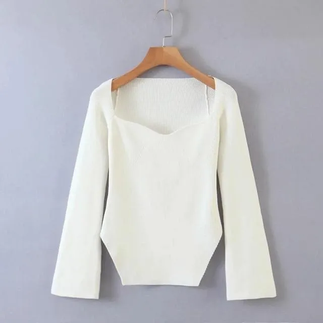 Square Neck Side Split Rib Knit Jumper