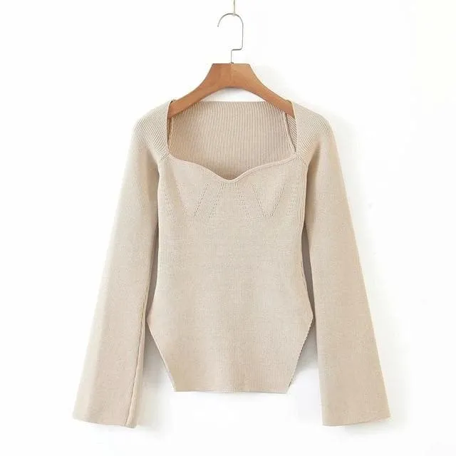 Square Neck Side Split Rib Knit Jumper