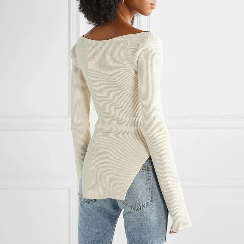 Square Neck Side Split Rib Knit Jumper