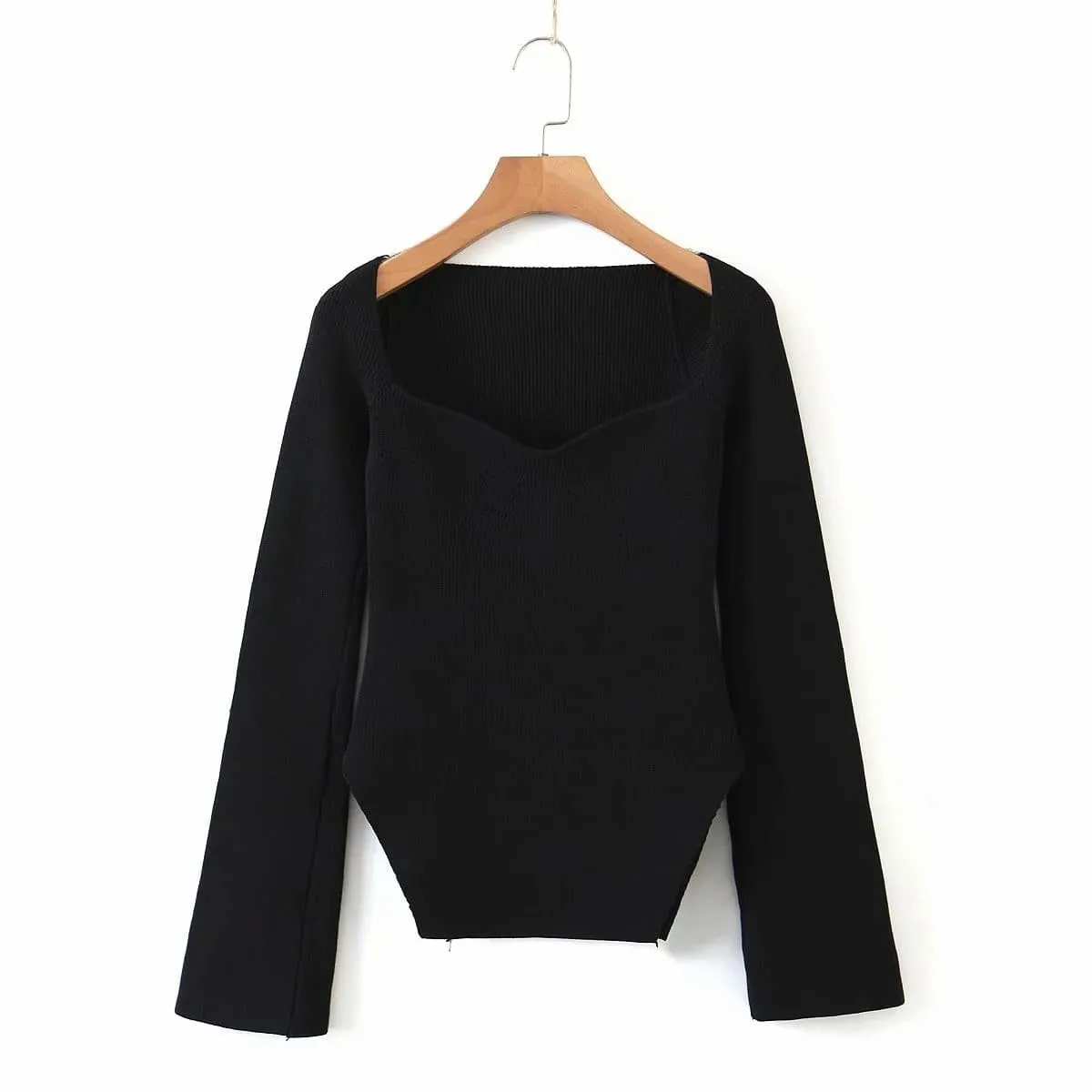 Square Neck Side Split Rib Knit Jumper