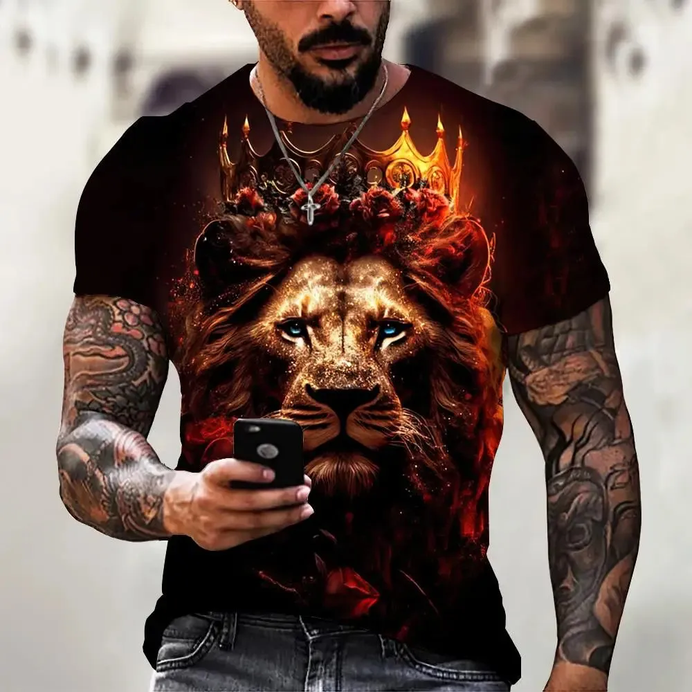 Tiger Print T-Shirt 3D Animal Men's Shirts Summer Short Sleeved Male Pullover Oversized Tops Tees Men Clothing