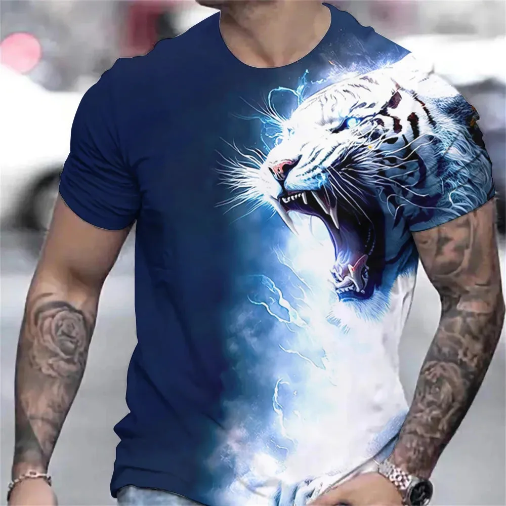Tiger Print T-Shirt 3D Animal Men's Shirts Summer Short Sleeved Male Pullover Oversized Tops Tees Men Clothing