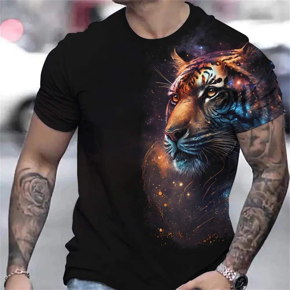 Tiger Print T-Shirt 3D Animal Men's Shirts Summer Short Sleeved Male Pullover Oversized Tops Tees Men Clothing