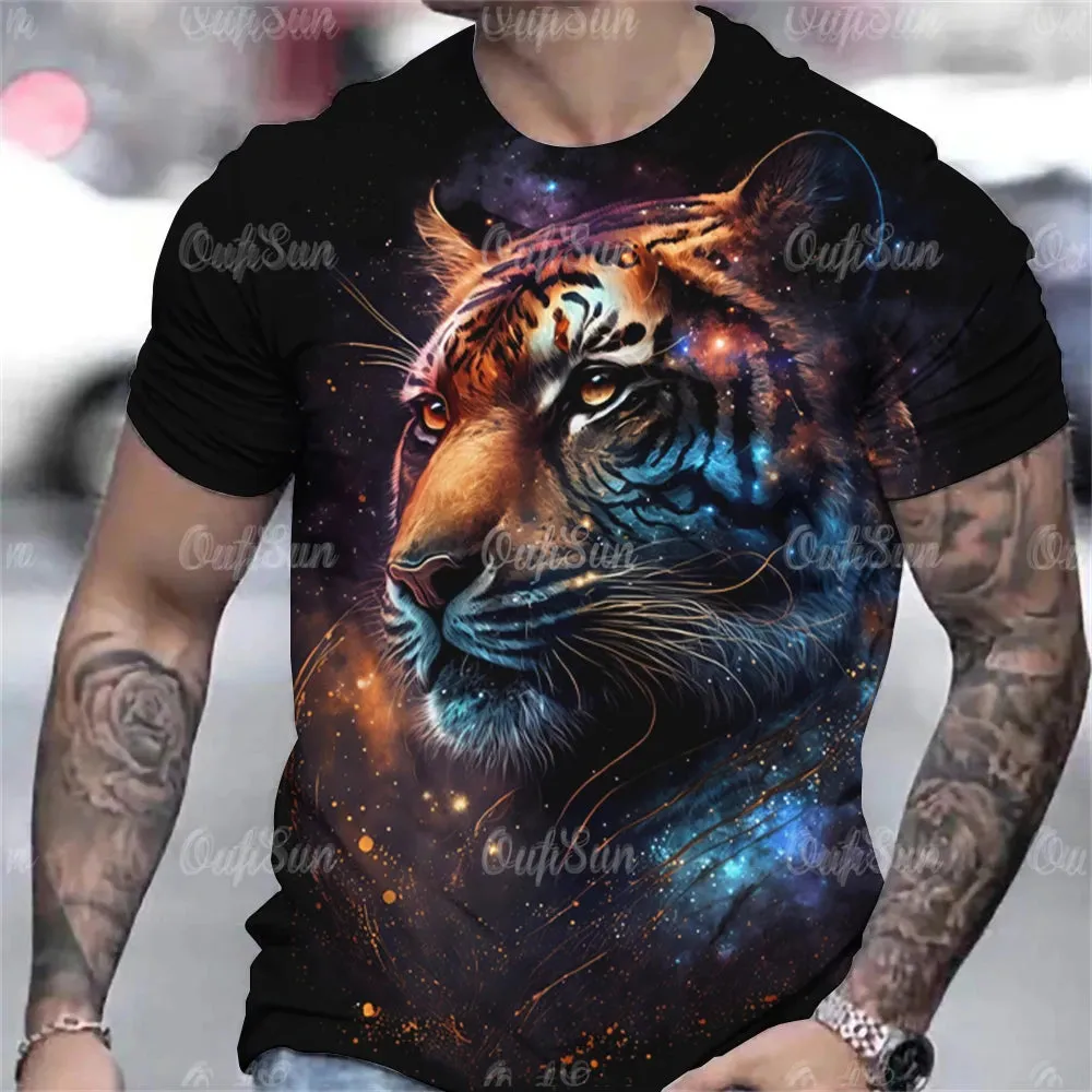 Tiger Print T-Shirt 3D Animal Men's Shirts Summer Short Sleeved Male Pullover Oversized Tops Tees Men Clothing