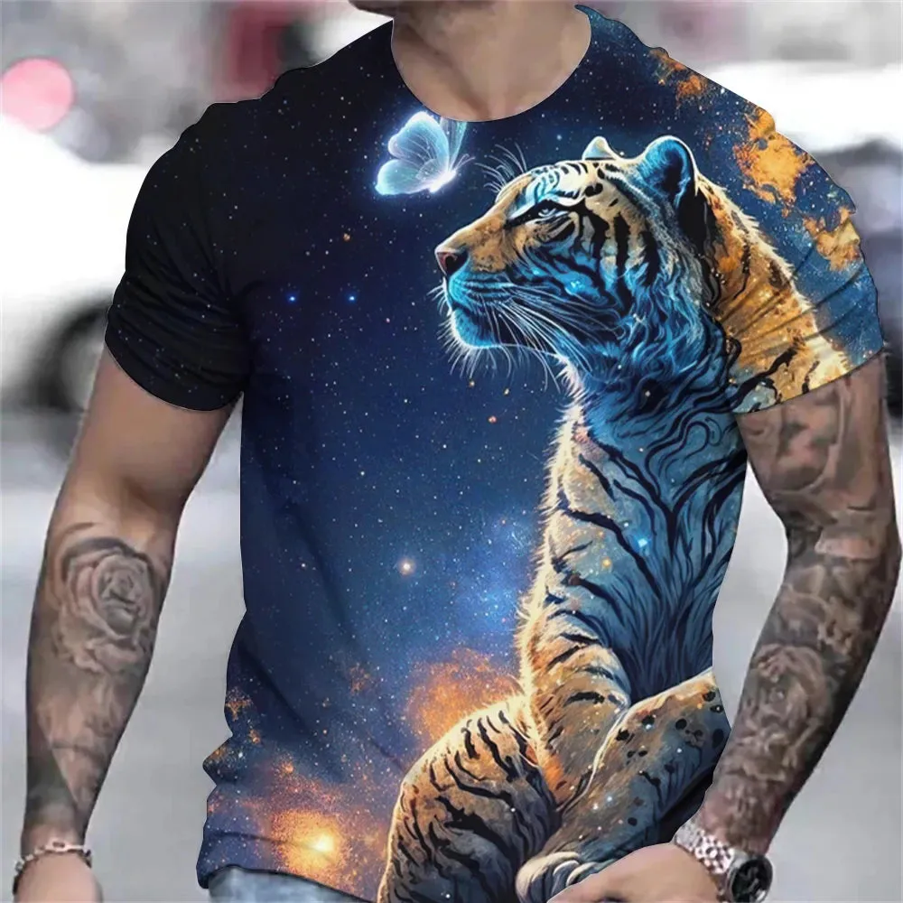 Tiger Print T-Shirt 3D Animal Men's Shirts Summer Short Sleeved Male Pullover Oversized Tops Tees Men Clothing