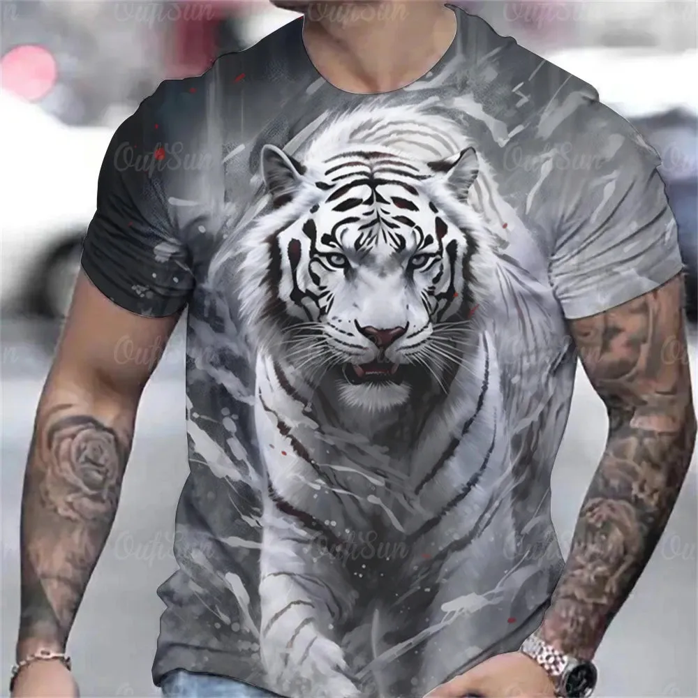 Tiger Print T-Shirt 3D Animal Men's Shirts Summer Short Sleeved Male Pullover Oversized Tops Tees Men Clothing