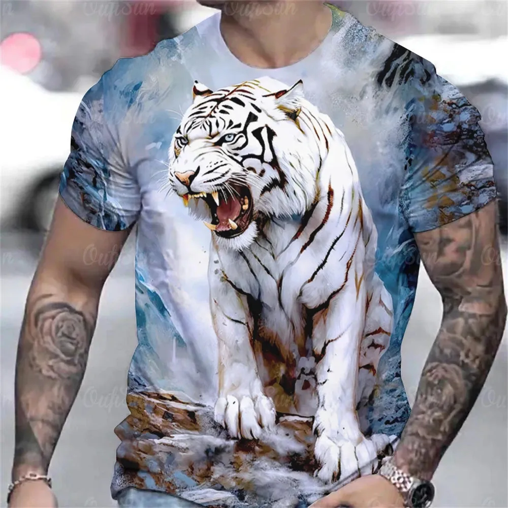 Tiger Print T-Shirt 3D Animal Men's Shirts Summer Short Sleeved Male Pullover Oversized Tops Tees Men Clothing
