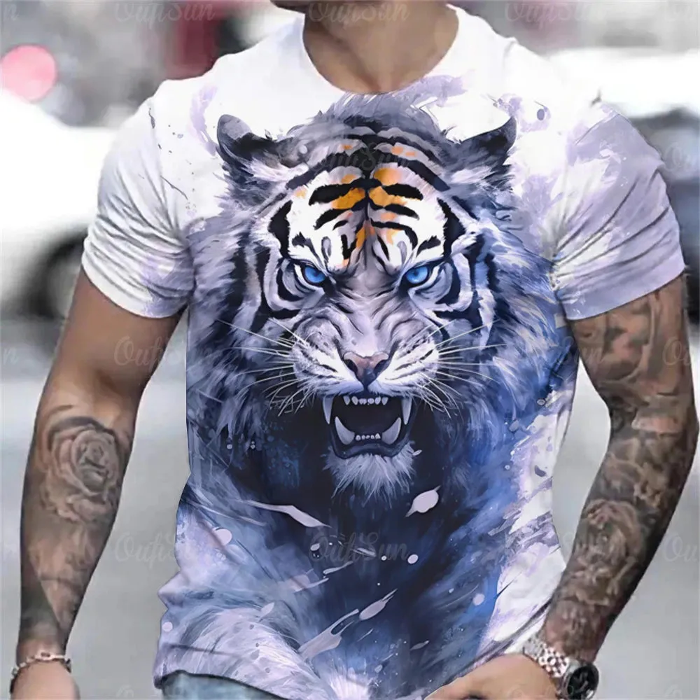 Tiger Print T-Shirt 3D Animal Men's Shirts Summer Short Sleeved Male Pullover Oversized Tops Tees Men Clothing