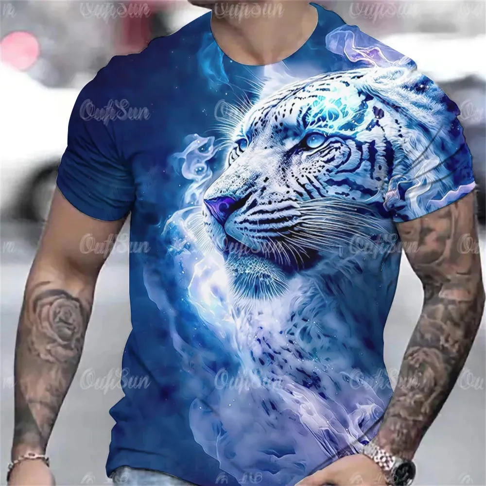 Tiger Print T-Shirt 3D Animal Men's Shirts Summer Short Sleeved Male Pullover Oversized Tops Tees Men Clothing