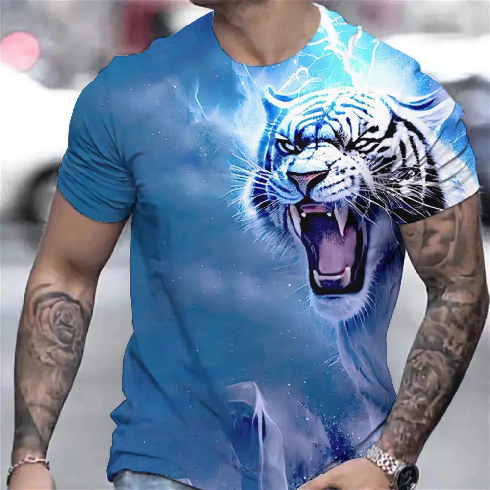 Tiger Print T-Shirt 3D Animal Men's Shirts Summer Short Sleeved Male Pullover Oversized Tops Tees Men Clothing