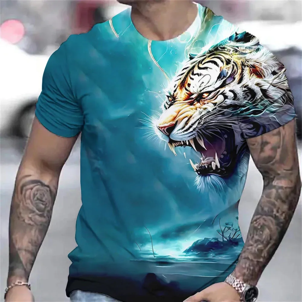 Tiger Print T-Shirt 3D Animal Men's Shirts Summer Short Sleeved Male Pullover Oversized Tops Tees Men Clothing