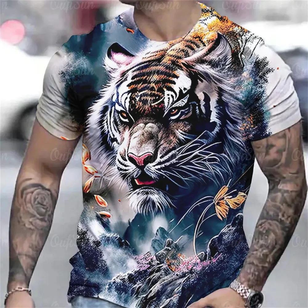 Tiger Print T-Shirt 3D Animal Men's Shirts Summer Short Sleeved Male Pullover Oversized Tops Tees Men Clothing
